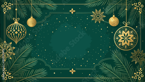Vector christmas christmas background with golden ornaments snowflakes and pine branches on a dark green backdrop design element