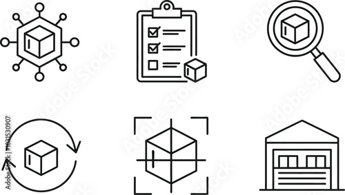Six outline vector icon set for supply chain management, inventory, and distribution processes isolated on white background
