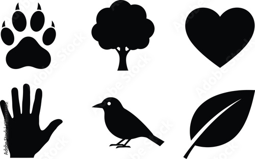 Various outline animal paw print heart hand bird and leaf vector icons set for nature and pet related concepts
