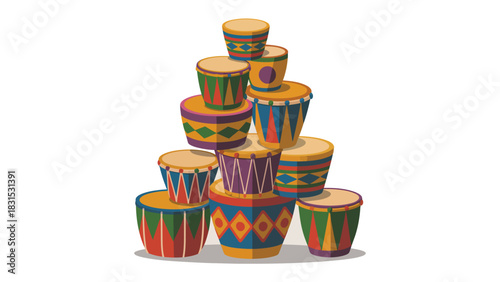 Musical Ensemble: A vibrant collection of drums forms a rhythmic tower, ready to unleash a symphony of beats. This image captures the energy of musicality.