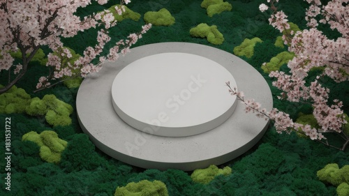 Showcase your brand with a serene platform surrounded by lush moss and delicate cherry blossoms - perfect for spring promotions and nature themed advertising