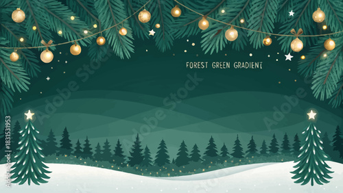 Vector christmas a christmas scene with evergreen branches, golden ornaments, and a snowy forest in green gradient tone