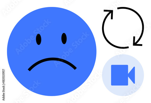 Sad blue face with a frown, video camera icon in blue circle, and black circular arrows suggesting frustration or disappointment with technology, online meetings, or repetitive issues. Ideal
