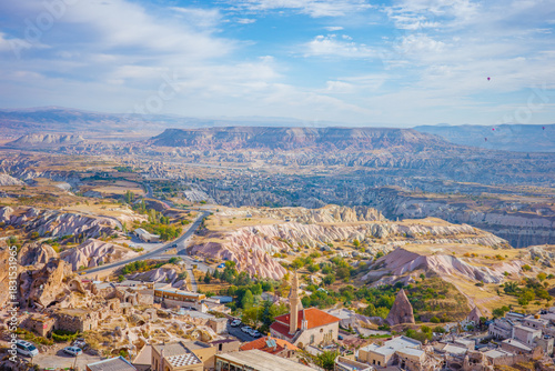 Photos A vibrant panoramic view of Cappadocia, Turkey, showcasing its iconic rock forma