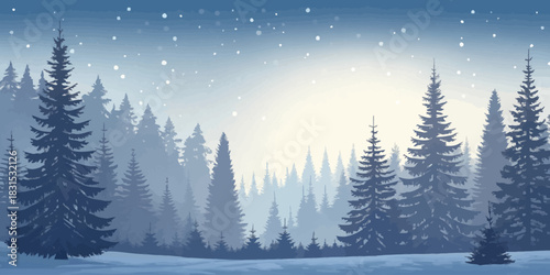 Vector christmas a tranquil winter scene featuring snow falling gently over a dense forest of evergreen trees in soft light