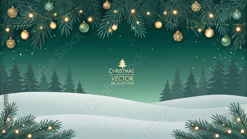 Vector christmas a christmas scene with snow covered hills and pine trees decorated with ornaments and string lights above them
