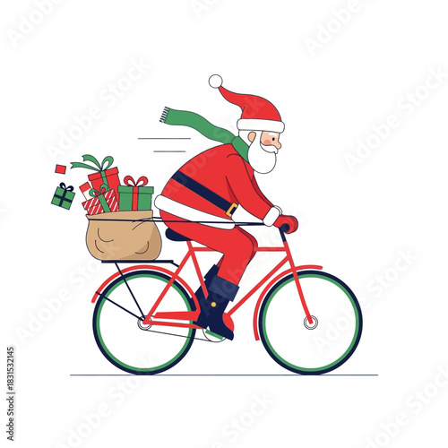 Festive Santa delivers presents on a bicycle conveying holiday cheer and seasonal joy