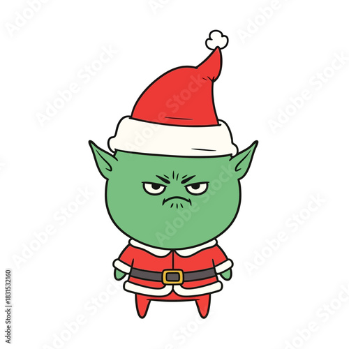 Grumpy green cartoon character adorned with festive santa claus attire illustration