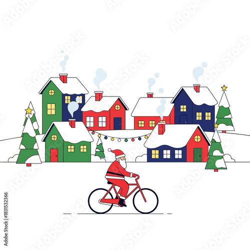 Santa rides bike through snowy town to deliver christmas gifts a merry winter scene