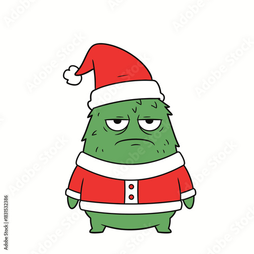 Expressive Cartoon Pine Character embodies Christmas Grumpiness with Festive Hat and Costume
