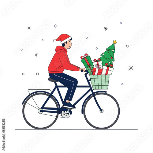Festive holiday delivery: Young man cycling with Christmas gifts and tree cheerfully