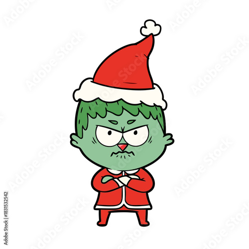 Grumpy christmas character in a red santa hat with a serious expression isolated