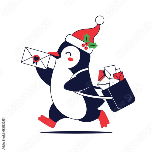 Festive penguin messenger delivering holiday greetings with charming anticipation and cheer