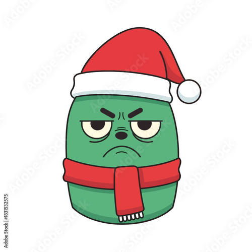 Illustration of a grumpy green character with christmas hat and scarf expressing winter holiday
