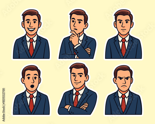 Businessman Character Sticker Set Vector, Cartoon Male Employee or Manager in Suit with Different Facial Emotions, Expressive Corporate Avatar Collection