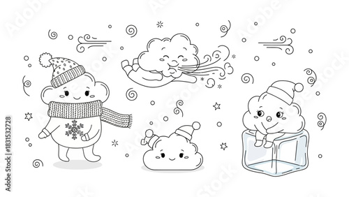 Whimsical Cloud Characters: Adorable cloud characters, each adorned with winter attire, bring a touch of playfulness to a chilly day, embodying the joy of the season.