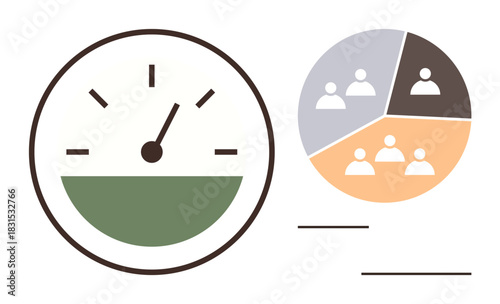 Speedometer with partial green gauge and pie chart segmented into colored sections with team icons. Ideal for productivity, team management, analytics, performance, business analysis, time