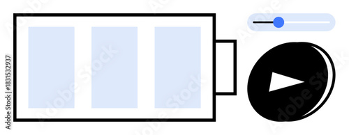 Battery indicating energy, play button suggesting multimedia usage, slider for adjusting brightness. Ideal for energy, media, interface design, utility, applications, electronics simple flat