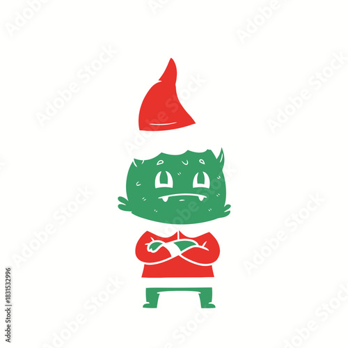 Stylized christmas gremlin illustration with festive red hat and folded arms posture