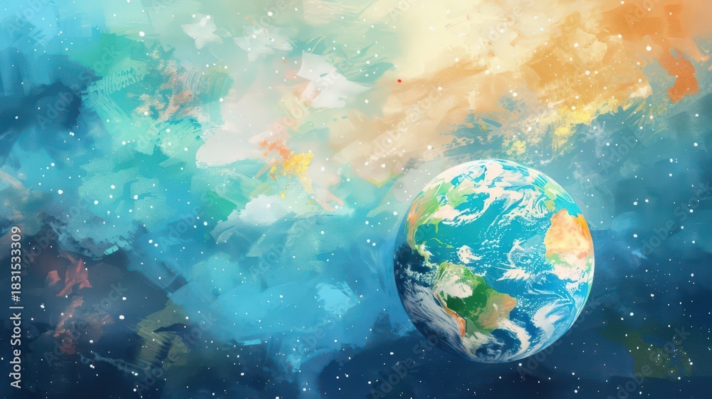 Naklejka premium Tranquil earth in cosmos for world meditation day awareness and relaxation. International Day of Yoga. Horizontal banner. Copy space. Watercolor illustration