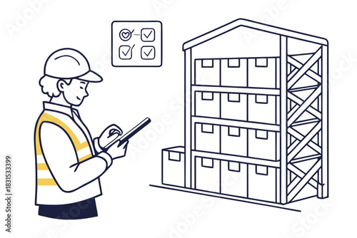 Warehouse worker in hard hat and vest checks inventory on tablet next to shelves of boxes