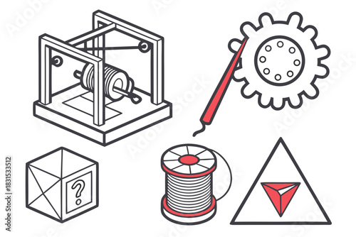 Industrial Mechanics and Mystery Box Line Art Icons gear cogwheel