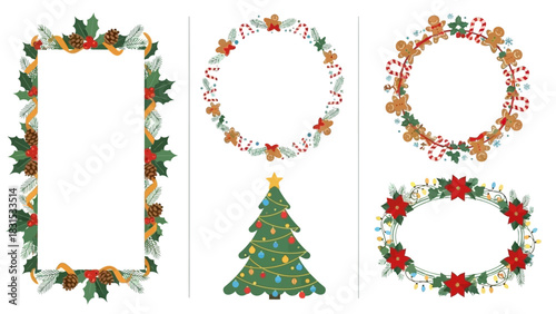 Festive Christmas Frames and Tree Illustration Set