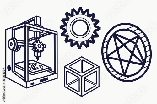 3D Printer and Geometric Symbols Line Art Icons 3D printer gear