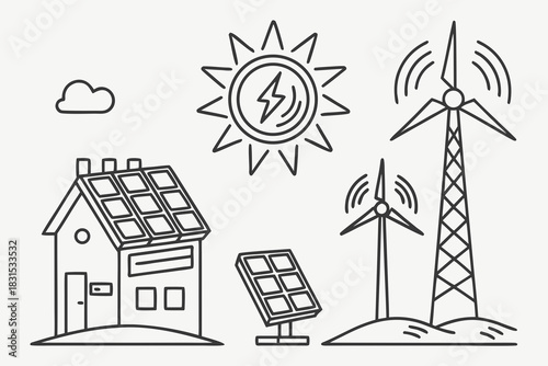 Renewable Energy Sources House Solar Panels Wind Turbines Sun Cloud Keywords: renewable energy, solar