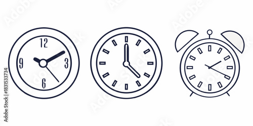 Three Outline Style Clocks and Alarm Clock on White Background Keywords: clock, alarm clock, time