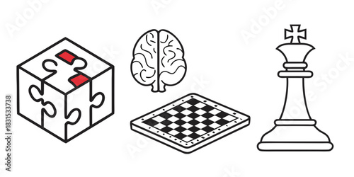 Puzzle Cube Brain Chess King and Board Icons on White Keywords: puzzle cube, brain, chess king, chess