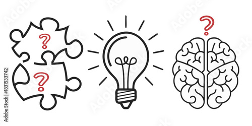Puzzle Pieces Brain and Light Bulb with Question Marks Keywords: puzzle pieces, brain, light bulb