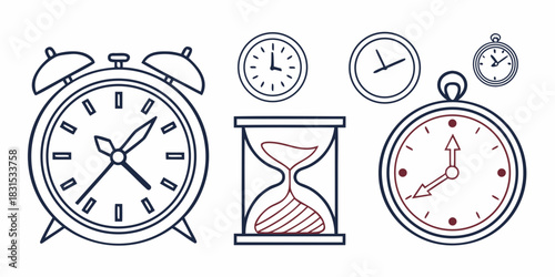 Assorted Timekeeping Icons Including Alarm Clock and Hourglass Keywords: clock, alarm clock, hourglass