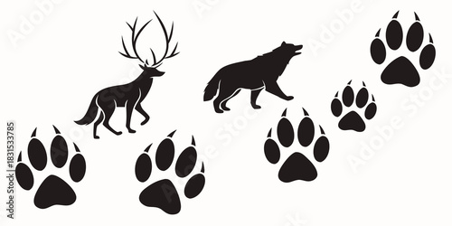 Black Silhouettes Of Deer Wolf And Multiple Animal Paw Prints stag antlers