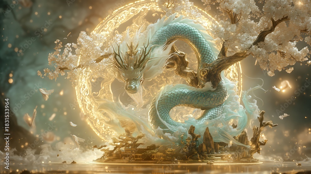 Fototapeta premium Mystical dragon emerges from cherry blossom grove fantasy art ethereal environment enchanting viewpoint