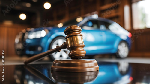 Car auction concept with blue auto and gavel for legal or business use