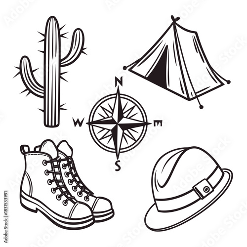 Outdoor Adventure and Camping Icons in Black and White Line Art Keywords: cactus, saguaro, tent