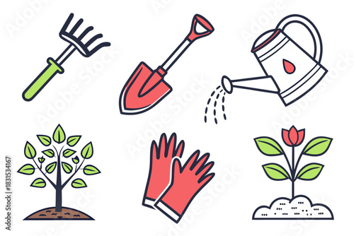 Gardening Tools and Plants Icons with Red and Green Accents Keywords: gardening, tools, rake, shovel