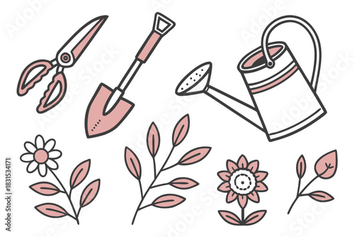 Pink and White Gardening Tools and Floral Elements Icons Keywords: gardening, tools, pruning shears