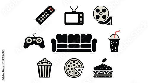 A collection of icons depicting home entertainment and snacks.