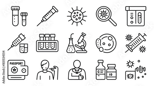 Medical science icons depict research, testing, and disease prevention methods.