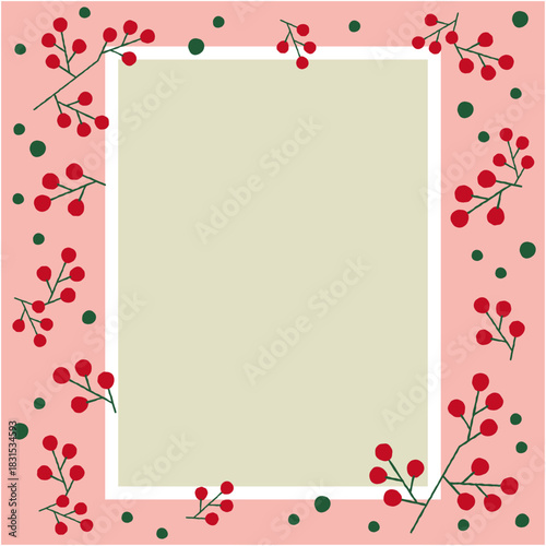 かわいい赤い実を散りばめたシンプルなフレームとピンクの背景