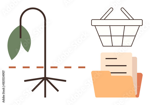 Drooping plant symbolizing declining growth paired with shopping basket and folder holding documents. Ideal for business, economy, sustainability, environment, organization, finances, simple flat