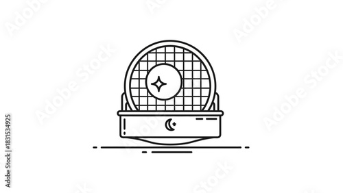 A line art illustration of a circular sieve or filter with a grid pattern, featuring a star symbol and a base with a crescent moon.