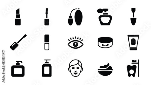 A collection of icons depicting makeup, cosmetics, and personal care items.