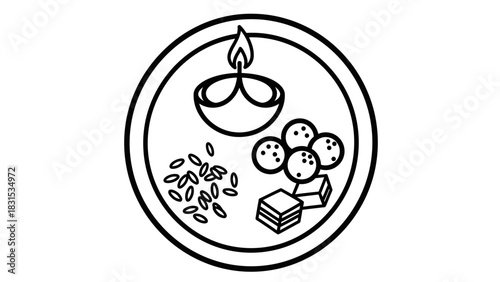 Black and white outline drawing of a traditional Indian festival thali with a lit diya, sweets, and grains.