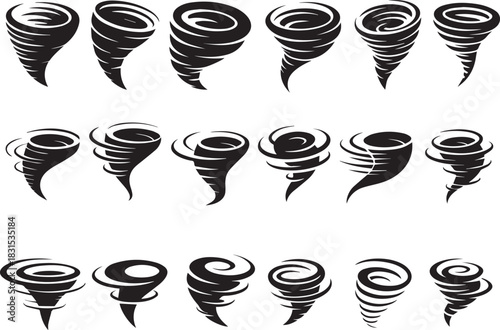 Black and white hurricane tornado set on transparent background graphic design
