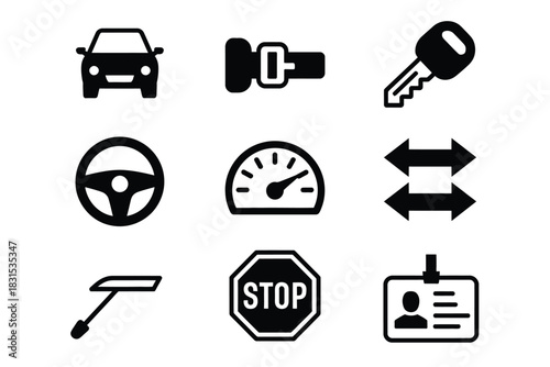 A collection of driving and transportation-related icons is displayed on a white background.