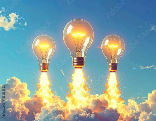 Three bright lightbulbs launch into the sky, creating flames