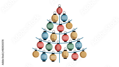 Festive Ornaments Christmas Tree: A meticulously crafted, elegant Christmas tree silhouette adorned with an array of colorful, decorative ornaments, celebrating the joy of the holiday season.